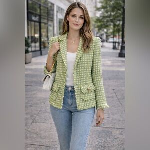 Zara Green Tweed Bouclé Blazer Frayed Trim Jacket Size S 💚
